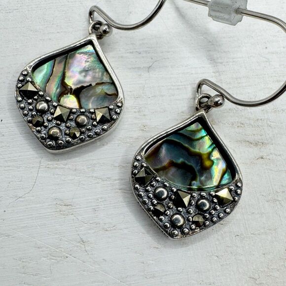 Sterling Silver Abalone Marcasite Sparkling Iridescent Drop Earrings SLC 925 Th - Picture 1 of 16